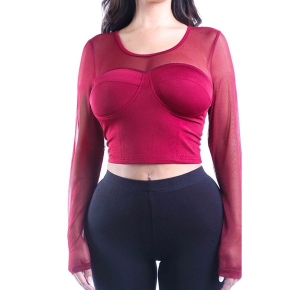 Boutique Tops - Women's Mesh Long Sleeve Blouse Top Scoop Neck Cropped Style Open Back Comfy